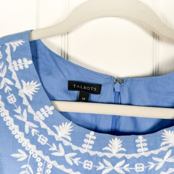 Talbots Shift Dress Women’s 14 Blue Embroidered Cotton Sleeveless Lined Knee - Picture 3 of 7
